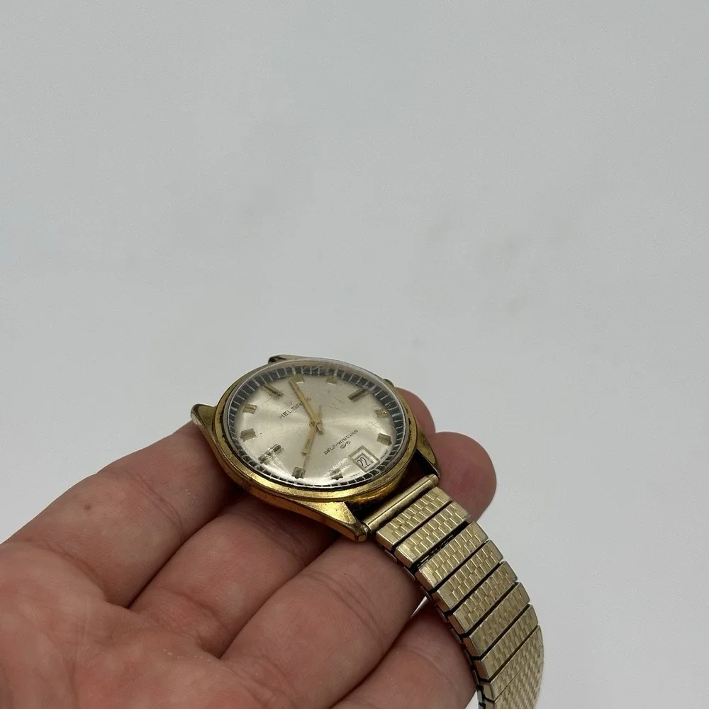 VTG 60s Helbros Self Winding Mechanical Watch DateJust For Parts Broken Gold Ton